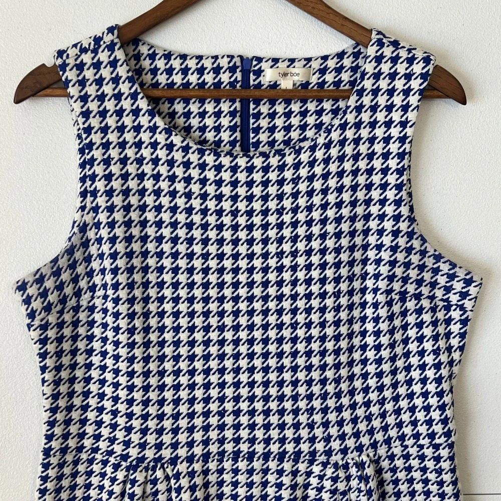 Tyler Boe Dress‎ L Blue White Houndstooth Knit Pockets Preppy Coastal Nautical